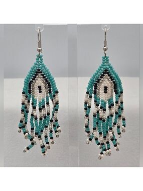 Handmade Multicolor Beaded Fringe Teal, White Silver & Black Earrings